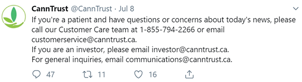 CannTrust message to medical cannabis patients Canada