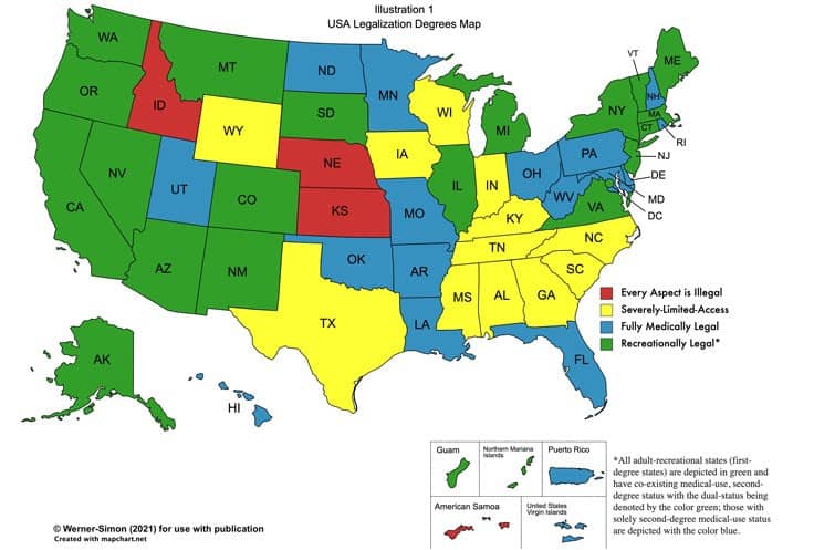 U.S. cannabis legalization map with U.S. territories